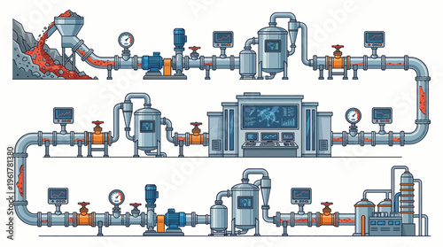 Industrial pipeline system with machinery and valves.