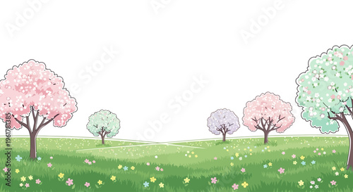 Trees with colorful blossoms in field.
