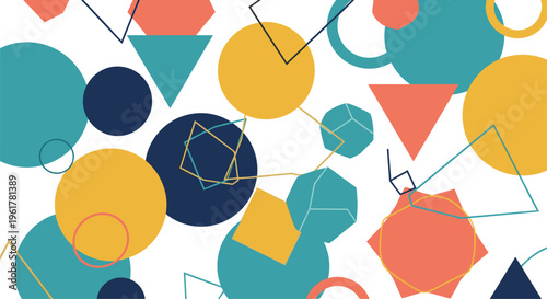 Minimalist geometric art piece features circles, triangles, and polygons in teal, yellow, and navy on a white canvas.