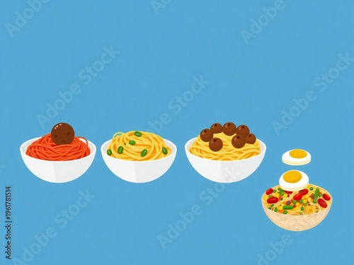 Four stylized bowls of diverse breakfast and brunch dishes with different toppings.