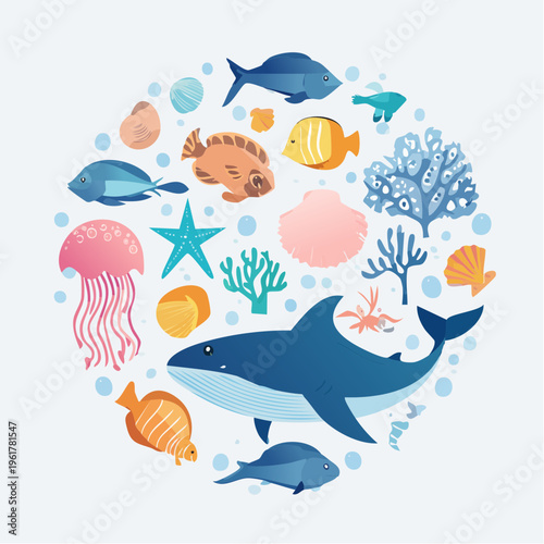 Collection of diverse marine life and underwater creatures in a circular arrangement