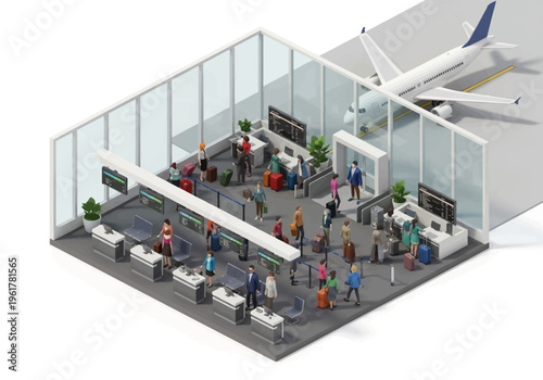 Isometric illustration of a busy airport terminal with passengers checking in and boarding a plane