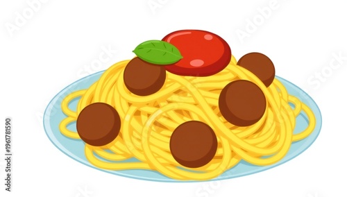 Delicious plate of spaghetti with meatballs and tomato garnish