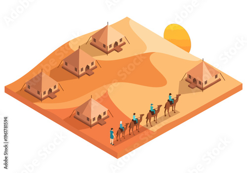 Desert expedition with camel caravan traversing sand dunes under a warm setting sun