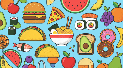 A vibrant and colorful pattern featuring a variety of popular food items like sushi, burgers, pizza, tacos, ramen, fruits, and donuts on a light blue background.