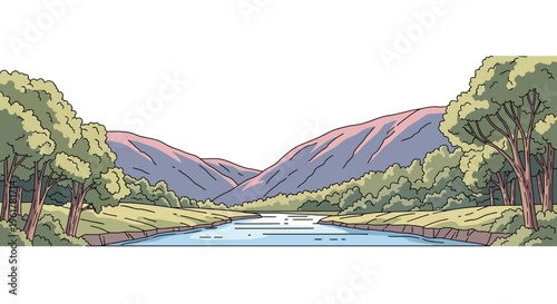 Serene River Flowing Through Landscape.