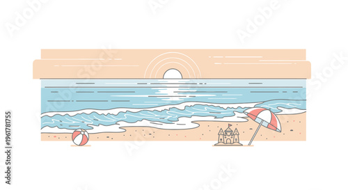 Beach Ball and Umbrella on Sand.