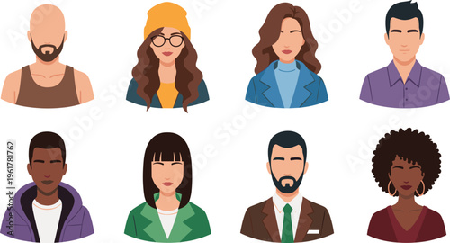 Diverse People Avatar Icon Set with Stylish Male and Female Characters Modern Profile Faces Fashion Portraits and Flat Vector Illustration Design.