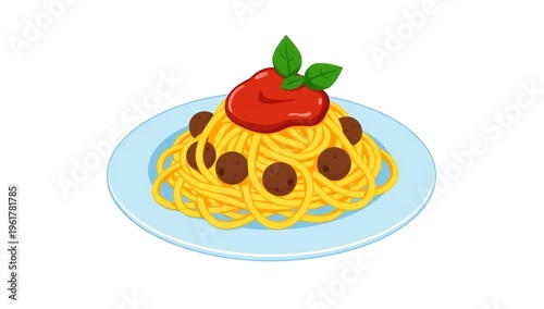 Delicious plate of spaghetti with meatballs and tomato sauce garnished with a basil leaf