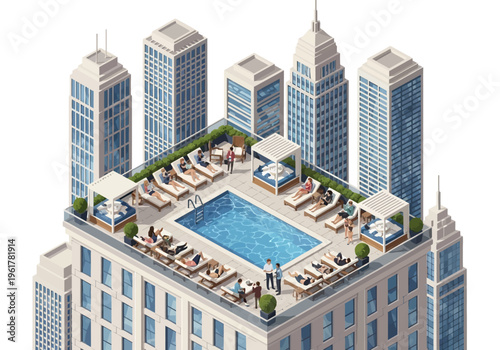Rooftop Pool Party with Cityscape View and Skyscrapers