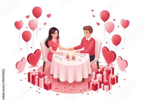 Romantic Valentine's Day couple dining at a candlelit table surrounded by gifts and balloons