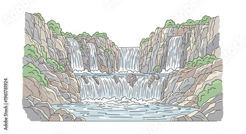 Waterfall cascading down rocky cliffside landscape.