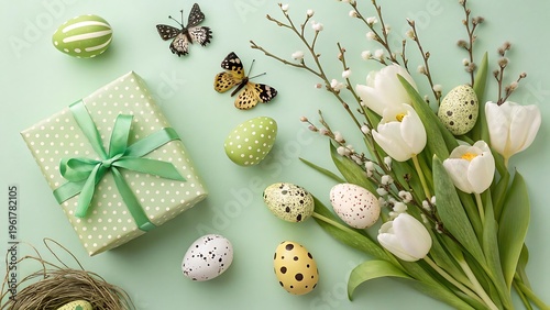Easter gift box with decorated eggs tulips butterflies pussy willow branches, white tulips