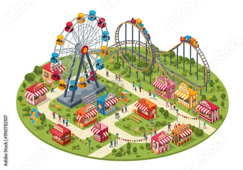 Amusement park with roller coaster, Ferris wheel, and stalls - vibrant outdoor fairground illustration