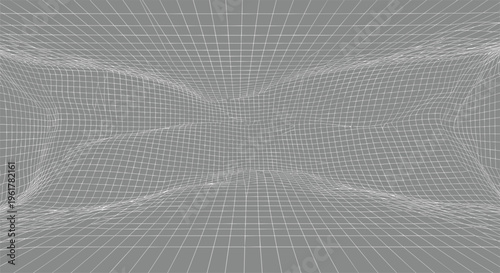Distorted three dimensional wireframe grid creates a sense of spatial depth and perspective on a monochrome grey surface.