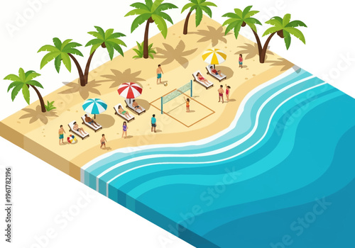 Vibrant Isometric Beach Scene with People Enjoying Leisure Activities and Ocean Waves
