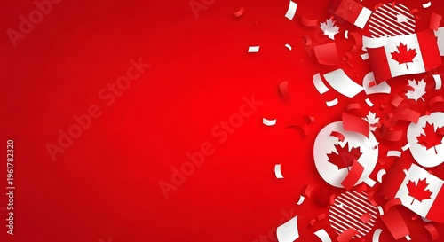 Vibrant canada day celebration background with red maple leaf confetti