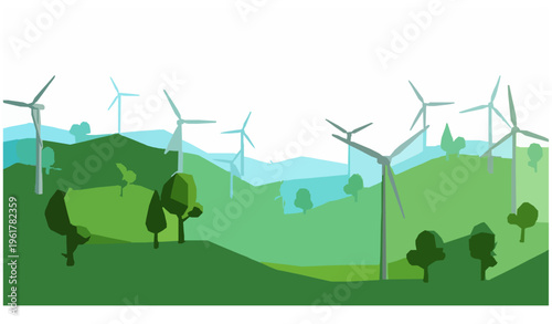 Low Poly Wind Turbines in Green Hills Sustainable Energy Vector Illustration