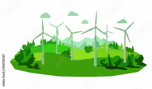 Wind Farm Low Poly Green Energy Landscape Eco Vector Illustration EPS10