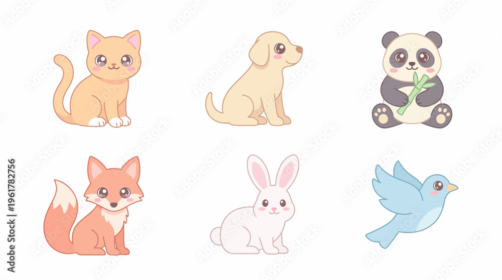 Fototapeta premium Adorable collection of cute cartoon animals including a fox, bunny, panda, cat, dog, and bird