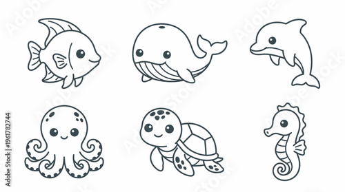 Cute Kawaii Sea Creatures Collection Vector Illustration Hand Drawn Style for Kids