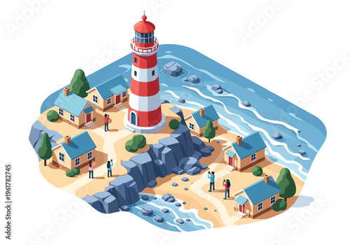 Coastal Village with Lighthouse, Beach and Sea