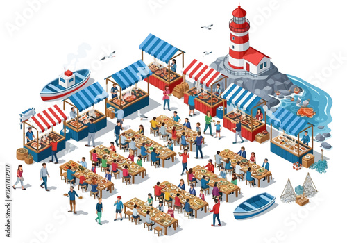 Seaside market with food stalls and people enjoying a lively outdoor dining experience