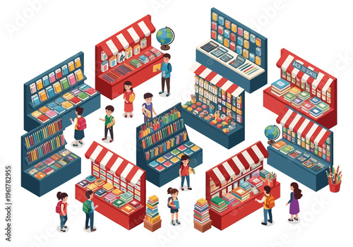 Isometric illustration of people browsing and shopping at various bookstalls and market stands, showcasing diverse merchandise
