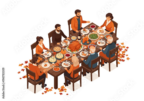 A festive family gathering around a bountiful Thanksgiving dinner table laden with traditional holiday foods and autumn decorations