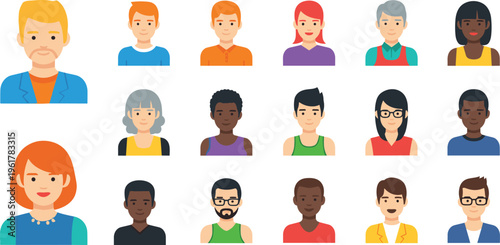 Diverse People Avatar Icon Set with Male and Female Characters Different Ethnicities Profile Faces and Modern Flat User Illustration Vector Design.