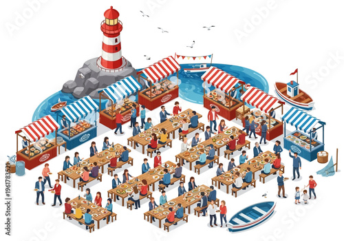 Outdoor food festival with stalls and diners, bustling with activity by a lighthouse and the sea