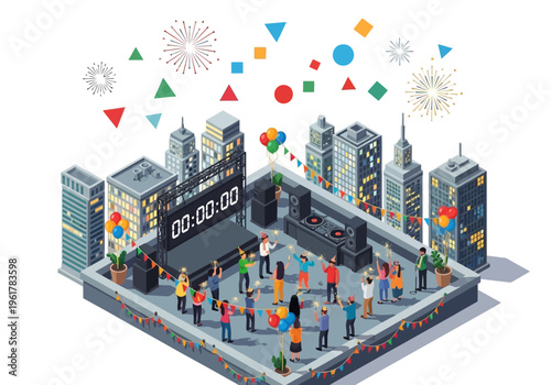 Cityscape rooftop celebration with countdown clock and confetti, vector illustration