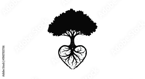 Symbolic tree with heart-shaped roots representing love and life