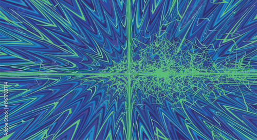 Complex fractal-like pattern of radiating blue and teal starburst shapes with a central explosion of fine green scribbled lines.