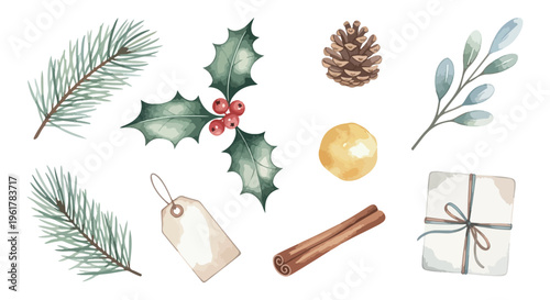 Watercolor Christmas botanical elements set, festive winter greenery with holly and pine branches, holiday gift tag and cinnamon sticks vector
