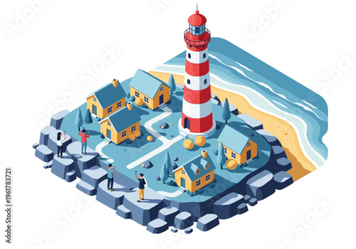 Isometric lighthouse village on a coastal island with sandy beach and ocean waves