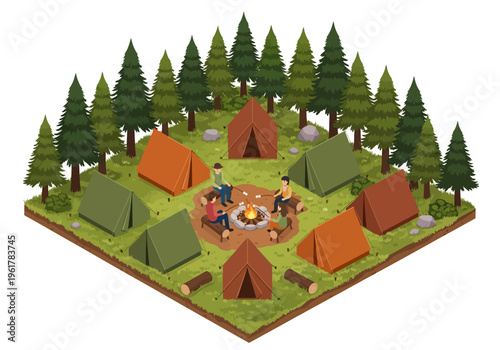 Cozy Campsite Scene with Tents and Campfire Surrounded by Lush Green Forest in an Isometric View