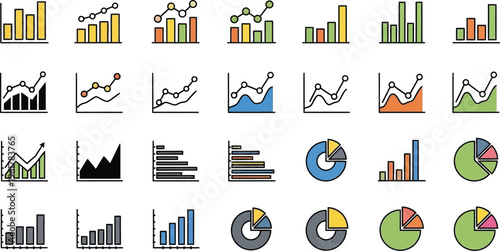 An array of multi-colored line and area charts depicts fluctuating trends and statistics often used for tracking long-term economic.