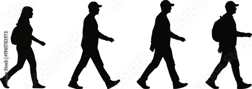 Silhouettes of four people walking in profile on a white background Keywords: people, walking, silhouette, group, men, women