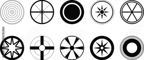 Collection of Ten Black and White Circular Geometric Symbols and Icons Keywords: circle, symbol, icon, geometric, design