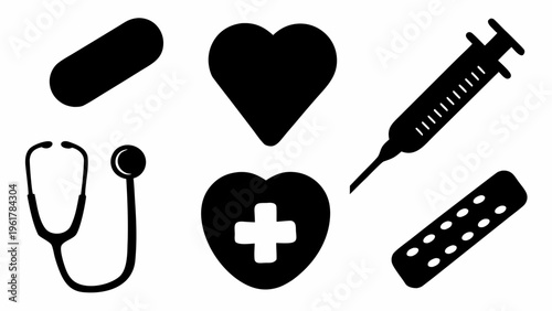 Medical icons set including stethoscope heart syringe and pills on white background for healthcare design