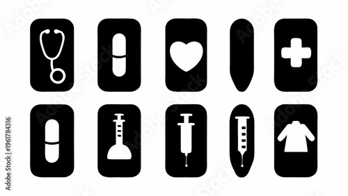 Medical icons set including stethoscope pills heart cross syringe and more in black silhouette