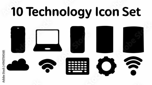Black silhouette technology icons set including smartphone laptop tablet and wi fi symbols on white background