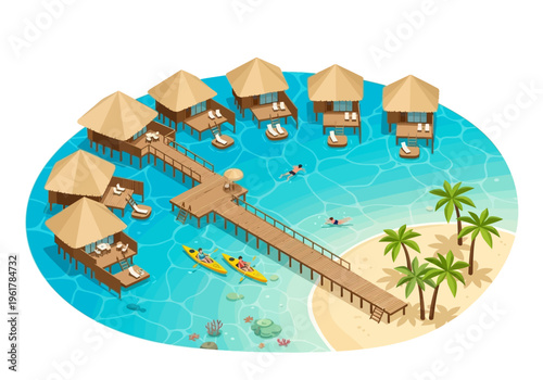Tropical Overwater Bungalows and Kayaking in Crystal Clear Turquoise Waters with Palm Trees