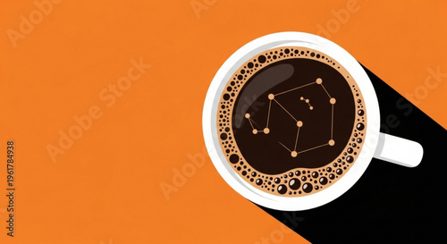 A cup of coffee with a constellation design on the surface against an orange background