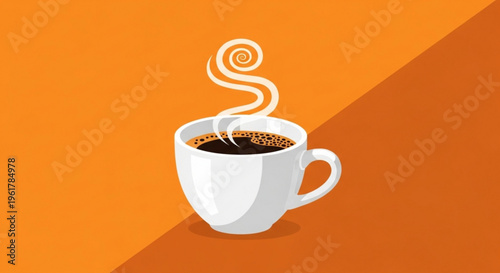 Steaming hot cup of coffee on vibrant orange background perfect for morning routine or beverage concept
