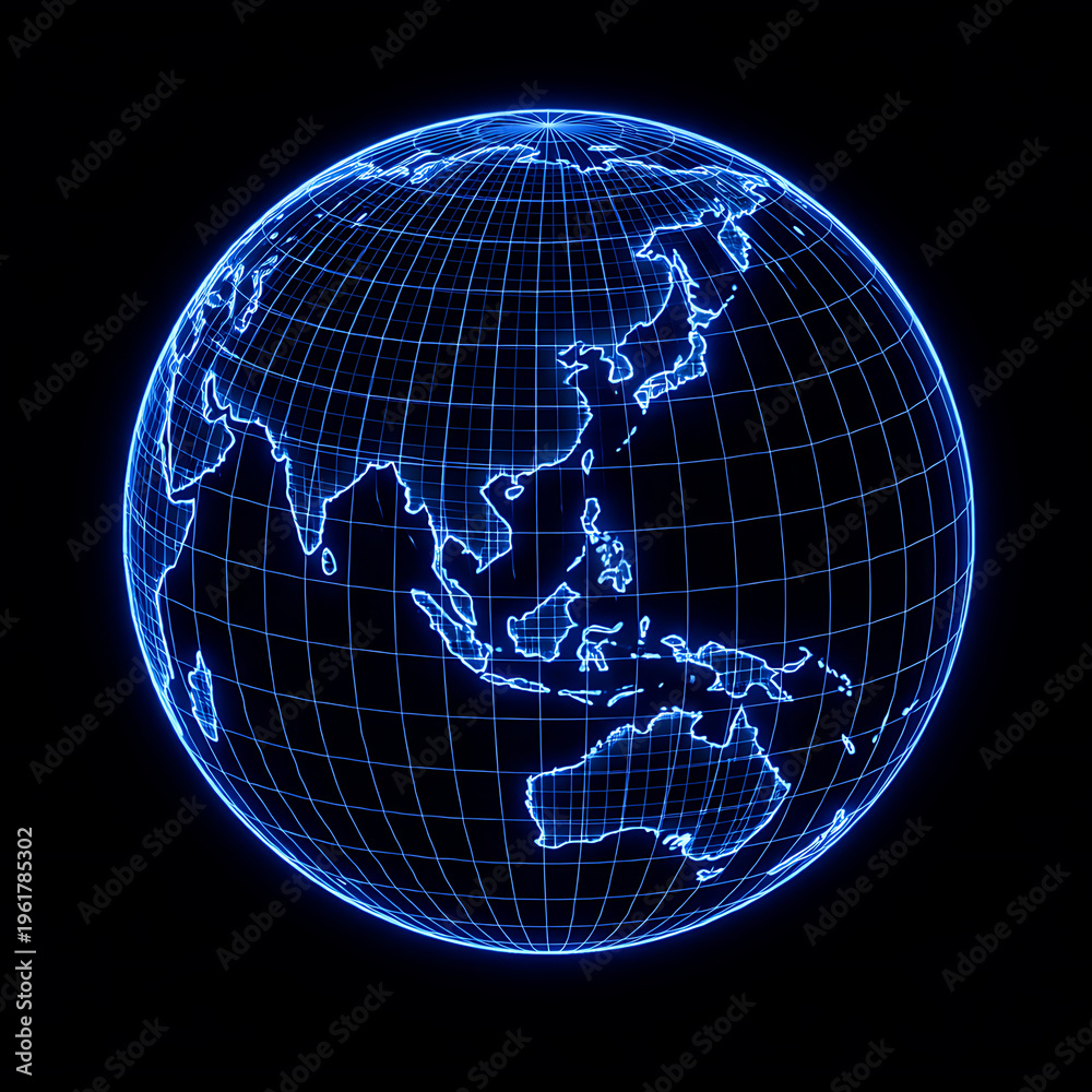 Naklejka premium Glowing blue earth, neon world map, grid globe, futuristic planet