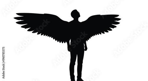 Silhouette of a person with large wings looking upwards, symbolizing freedom and aspiration.