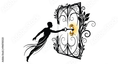Elegant silhouette of a woman unlocking a decorative gate with a key, symbolizing new beginnings and opportunity.