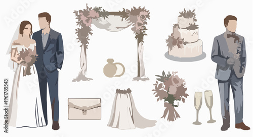 Watercolor wedding elements collection in grid layout with bride groom figures cake arch and rings for invitation design